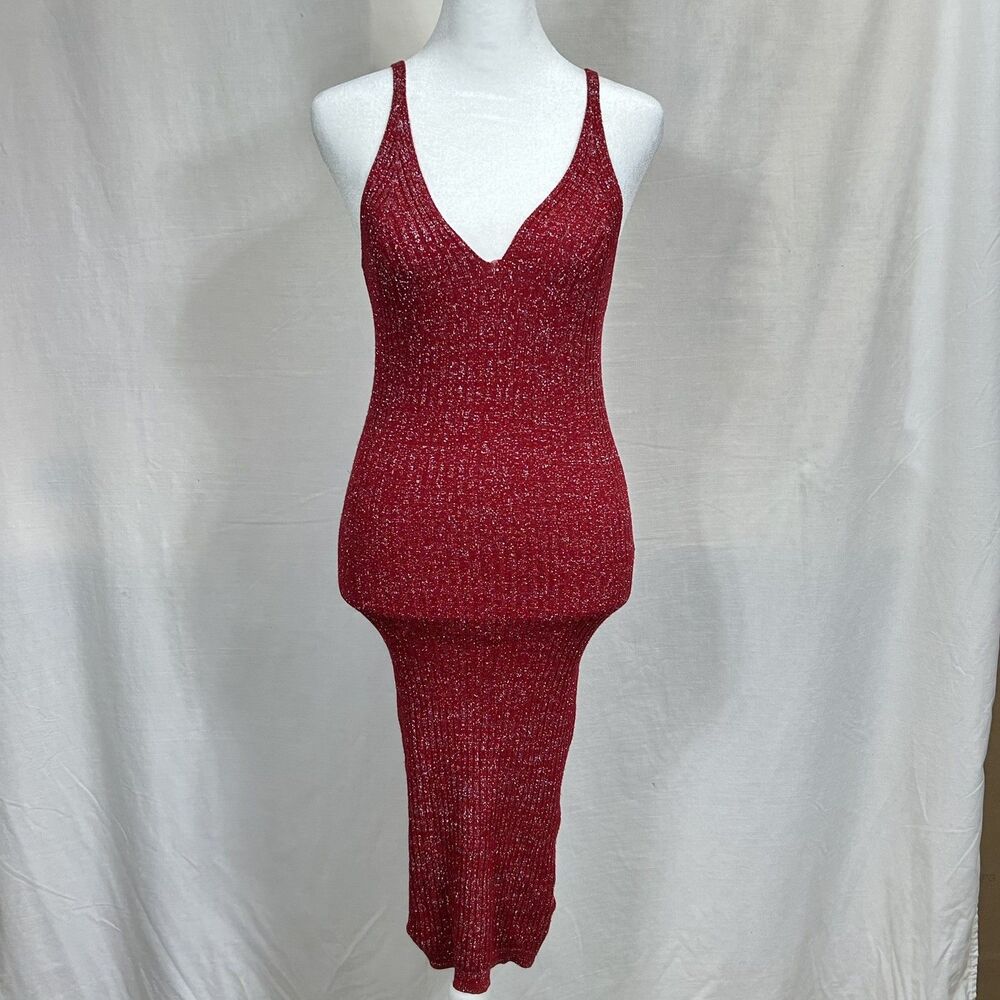 Red Metallic Ribbed Knit Bodycon Sweater Dress Sleeveless Medium V-Neck Sparkle